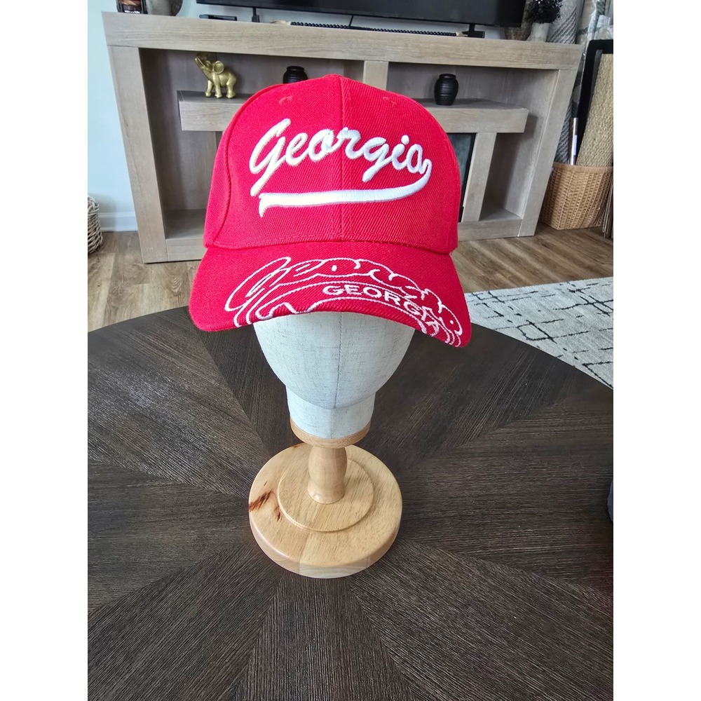 Georgia Red Baseball Cap Hat White Script Embroidery Adjustable Hook Loop Strap